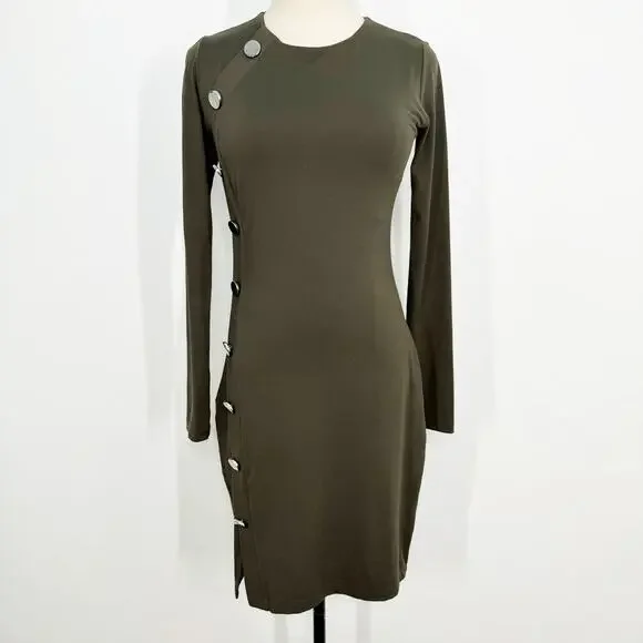 Susana Monaco Button Detail Dress Olive Green Long Sleeve Bodycon Office Size S - Picture 3 of 10